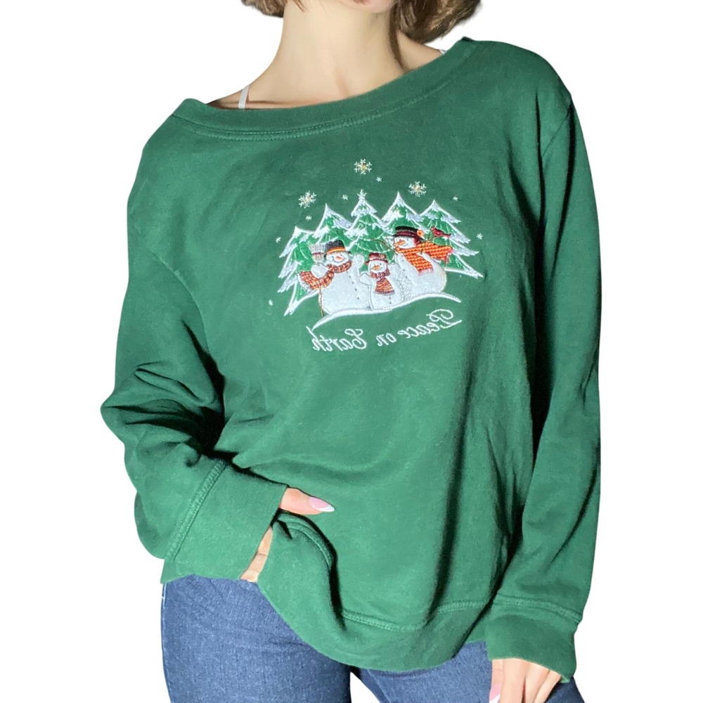 VTG 2000s Holiday Editions Green Cotton Snowman Sweater Christmas Winter - XL